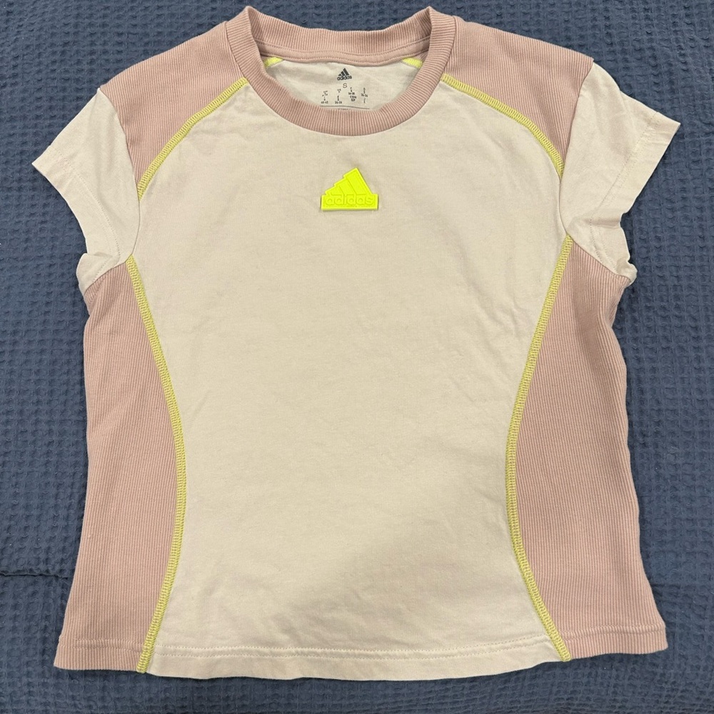 Adidas women’s Pink and Cream Tee with Neon Accents